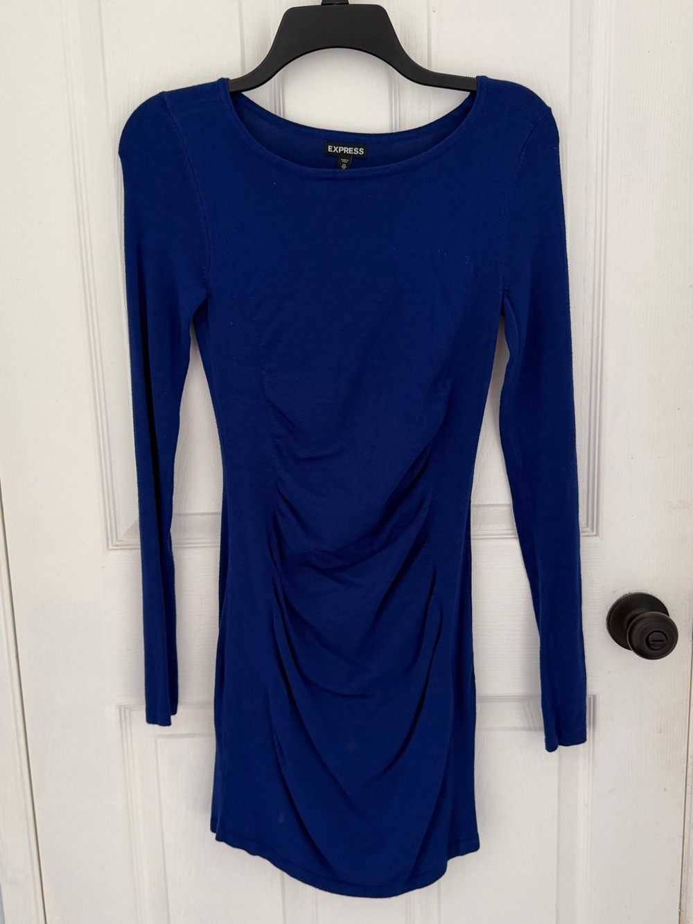 Express Long Sleeve Ruched Bodycon Ultra Soft Sweater Dress Royal Blue Size XS